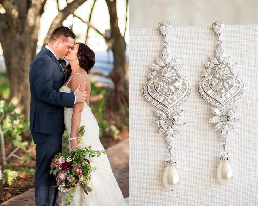زفاف - Crystal Bridal Earrings, Statement Wedding Earrings, Long Dangle Bridal Earrings, Bridal Jewelry, Swarovski Pearl Chandelier Earrings, EZMAE