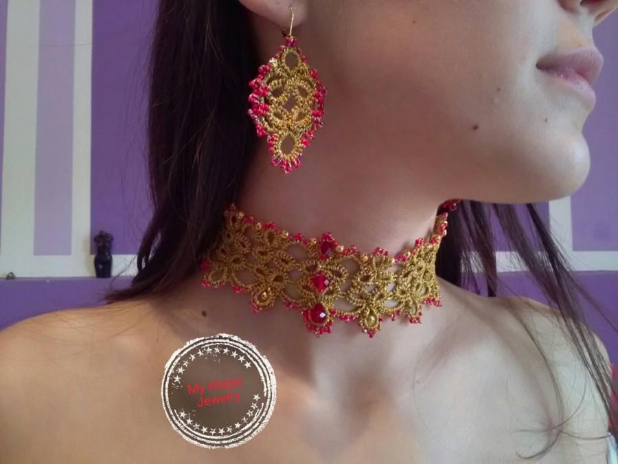 Mariage - Gold Red Victorian Set/ Elegant Crystal Choker/ Tatting Lace Necklace/ Gift Romantic/ Frivolite Jewelry/ Sparkle Bracelet/ Skull Choker/ T