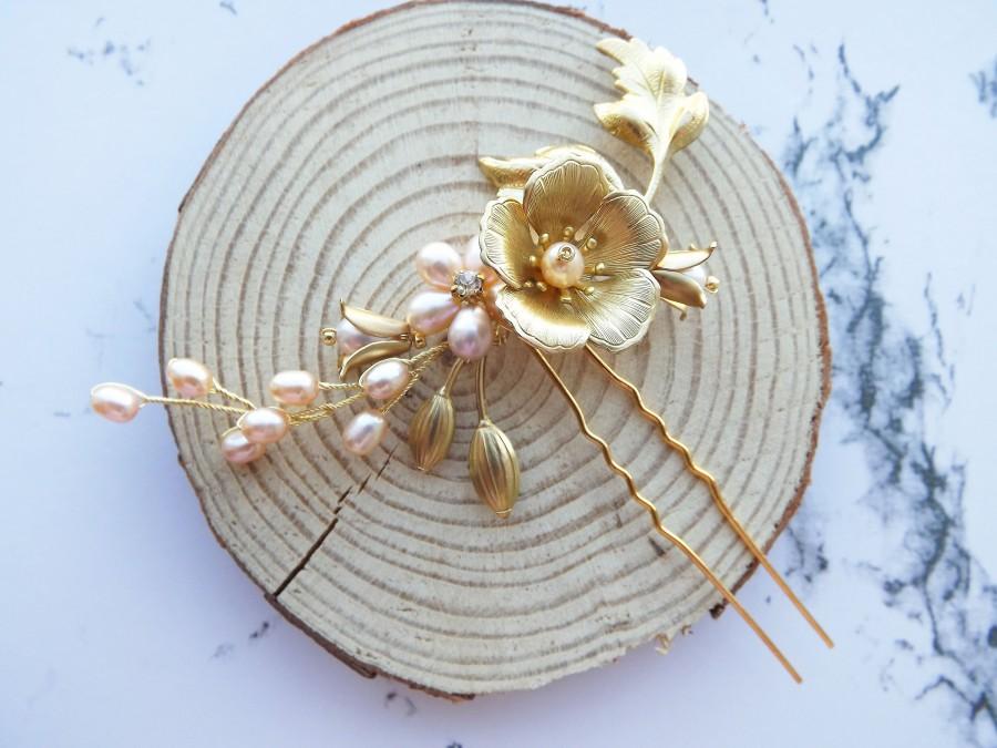Wedding - Bridal hair pins Flower hair pins Wedding hair pins Gold hair pin Blush headpiece Pearl hair pins Flower headpiece Flower hairpiece