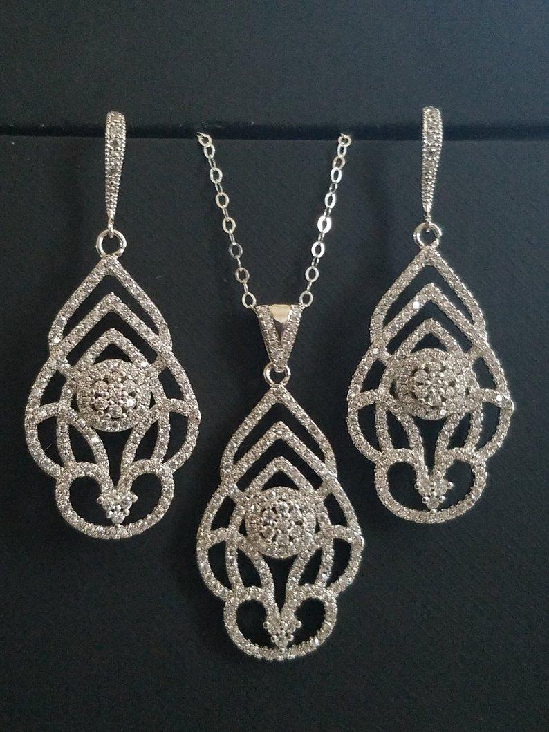Mariage - Silver Bridal Jewelry Set, Wedding Earrings&Necklace Jewelry Set, Silver Cluster Jewelry Set, Wedding Jewelry, Bridal Jewelry, Bridesmaids