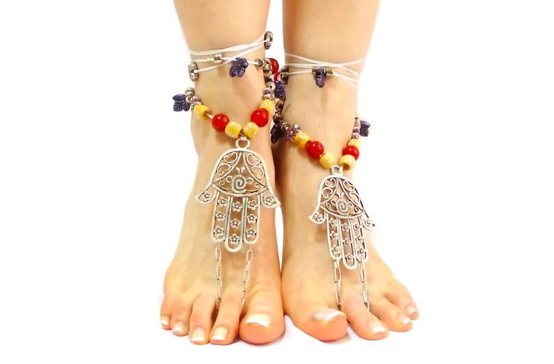 Hochzeit - Unique Gifts Barefoot Sandals Silver Barefoot Sandals Beaded Nude Shoes Fatima Hand Jewelry Gift for Her Girlfriend Gift Hamsa Hand