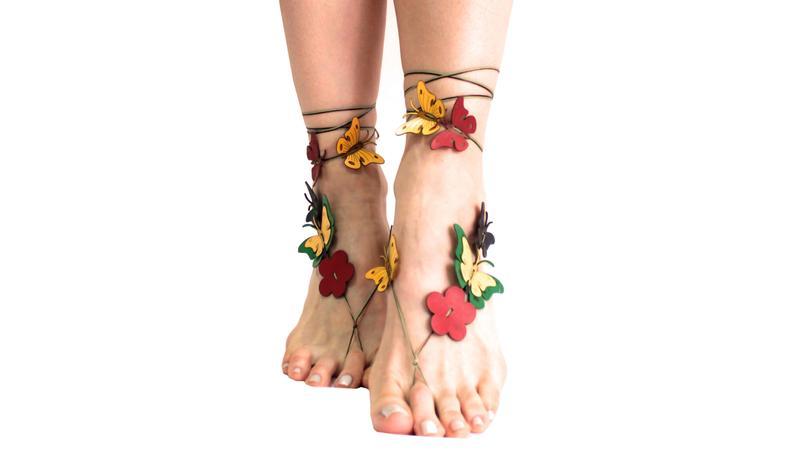 Wedding - Unique Gifts, Barefoot Beach Jewelry, Leather Flower Butterfly Barefoot Sandal, Hippie Sandals, Foot Jewelry, Toe Thong, Festival Accessorie