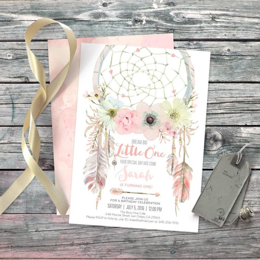 Wedding - Dreamcatcher dream big little one boho 1st birthday invitation. Feathers, bohemian, watercolor pastel. First B-Day. Customised by me. 112CMP