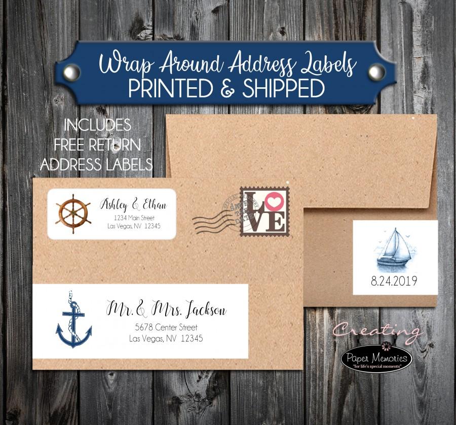 Mariage - 100 Printed Wrap Around Address Labels - Nautical Anchor Beach- Printed - Personalized self stick labels