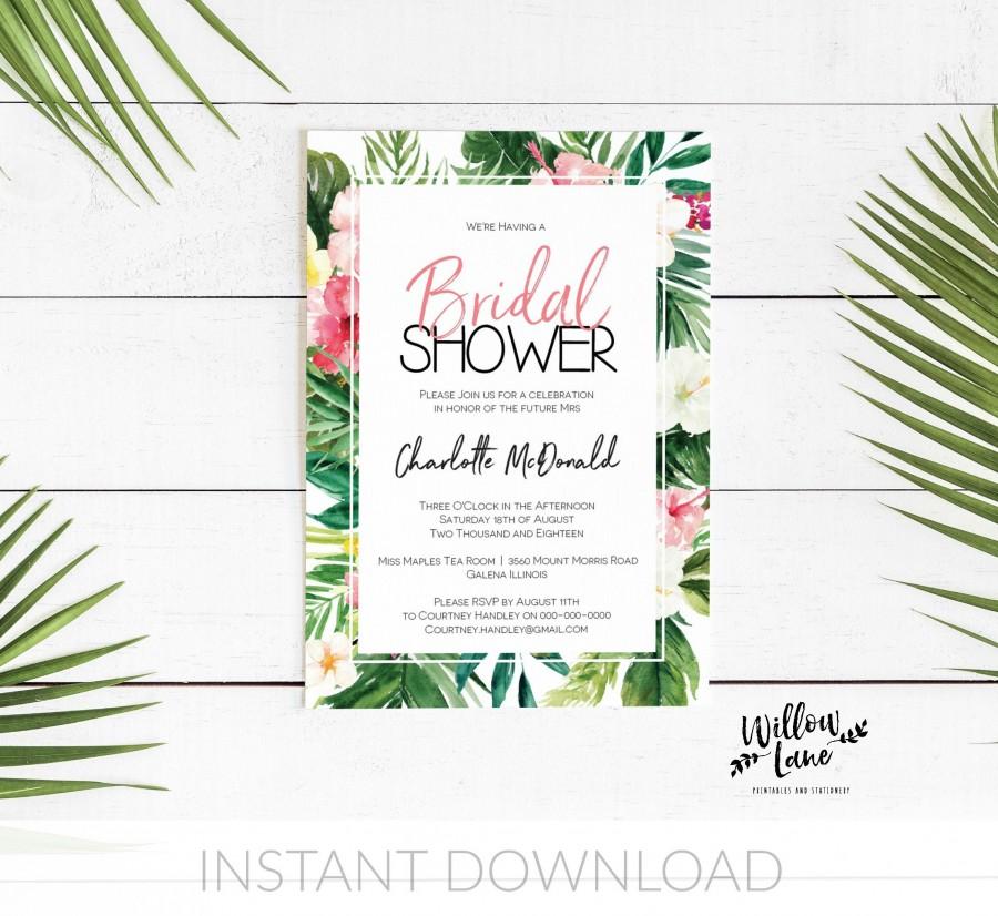 Mariage - Printable Bridal Shower Invitation template, Tropical Hawaiin Theme Instant Download Editable PDF WLP392