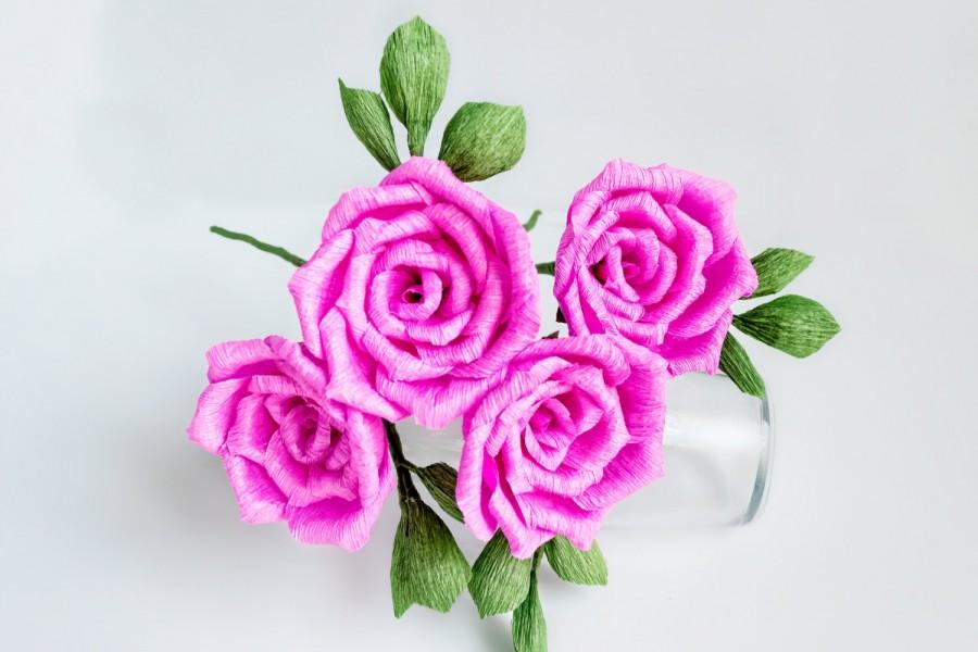 Mariage - Paper roses with stem, Bride bouquet,  bridesmaid bouquet,  decoration, Summer, Spring, crepe paper flower, wedding backdrop, paper flowers