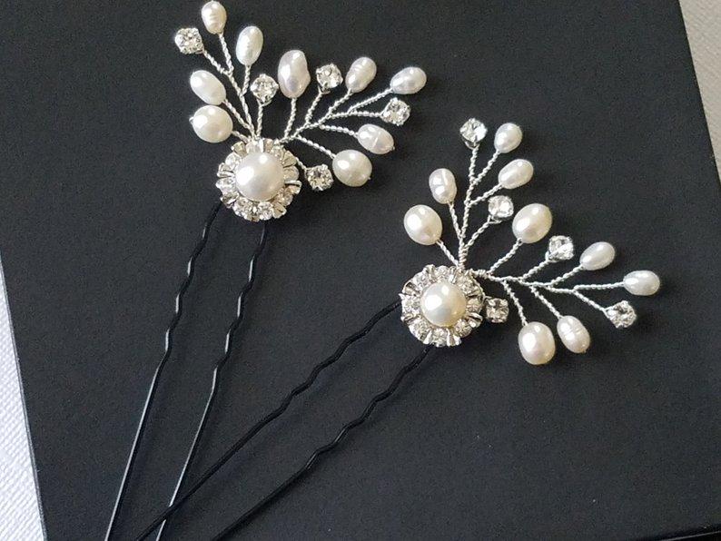 Hochzeit - Bridal Hair Pins, Set of 2 Pearl Crystal Hair Pins, Floral Hair Pieces, White Pearl Headpiece, Wedding Hair Jewelry, Pearl Silver Hair Pins