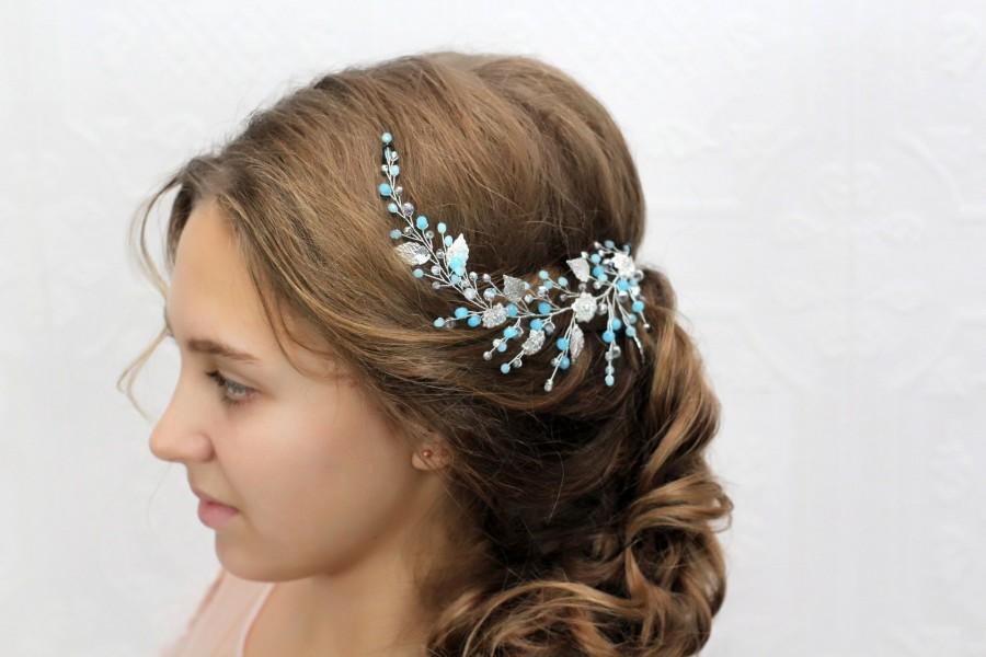 Hochzeit - Light Blue opal Hair vine Crystal Weddind Hair Comb Bridal Hair Vine Wedding hair piece Bridal headpiece Wedding hair vine Silver leaves
