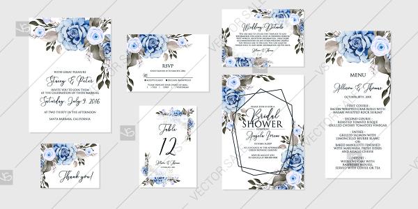 Свадьба - Navy blue rose peony Wedding invitation set printable card template vector birthday card