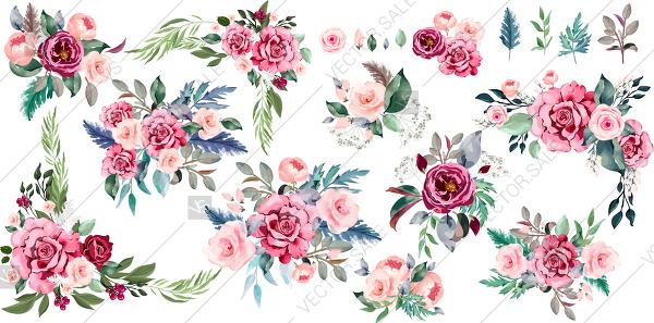 زفاف - Marsala red boho pink rose floral bouquet vector clipart set watercolor greenery