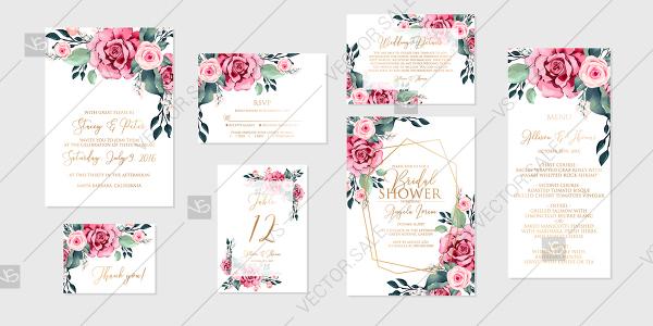 Wedding - Red watercolor rose peony greenery Wedding invitation set printable card template vector vector template