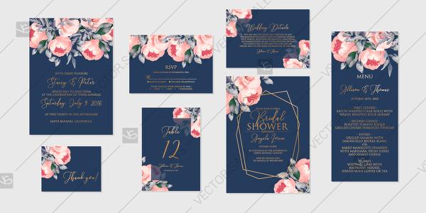 زفاف - Pink rose peony Wedding invitation set printable card template vector floral background
