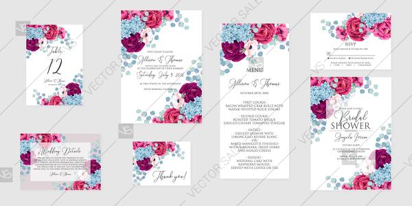Hochzeit - Marsala hydrangea blue rose peony Wedding invitation set printable card template vector anniversary invitation