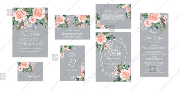 Hochzeit - Peach rose peony Wedding invitation set printable card template vector floral pattern