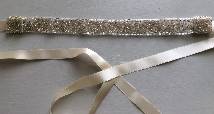 Hochzeit - Champagne Dress sash, champagne Beaded Art Deco Bridal Sash Belt Gatsby 1920s Flapper Dress Sash  Silver Champagne Bridal Belt