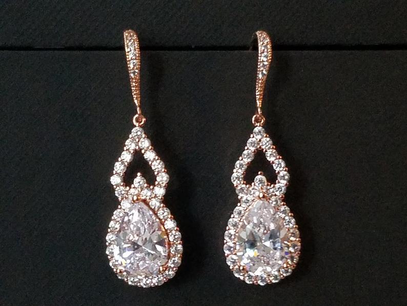 Mariage - Rose Gold Bridal Earrings, Teardrop Crystal Earrings, Wedding Pink Gold Earrings, Cubic Zirconia Dangle Chandelier Earrings, Bridal Jewelry