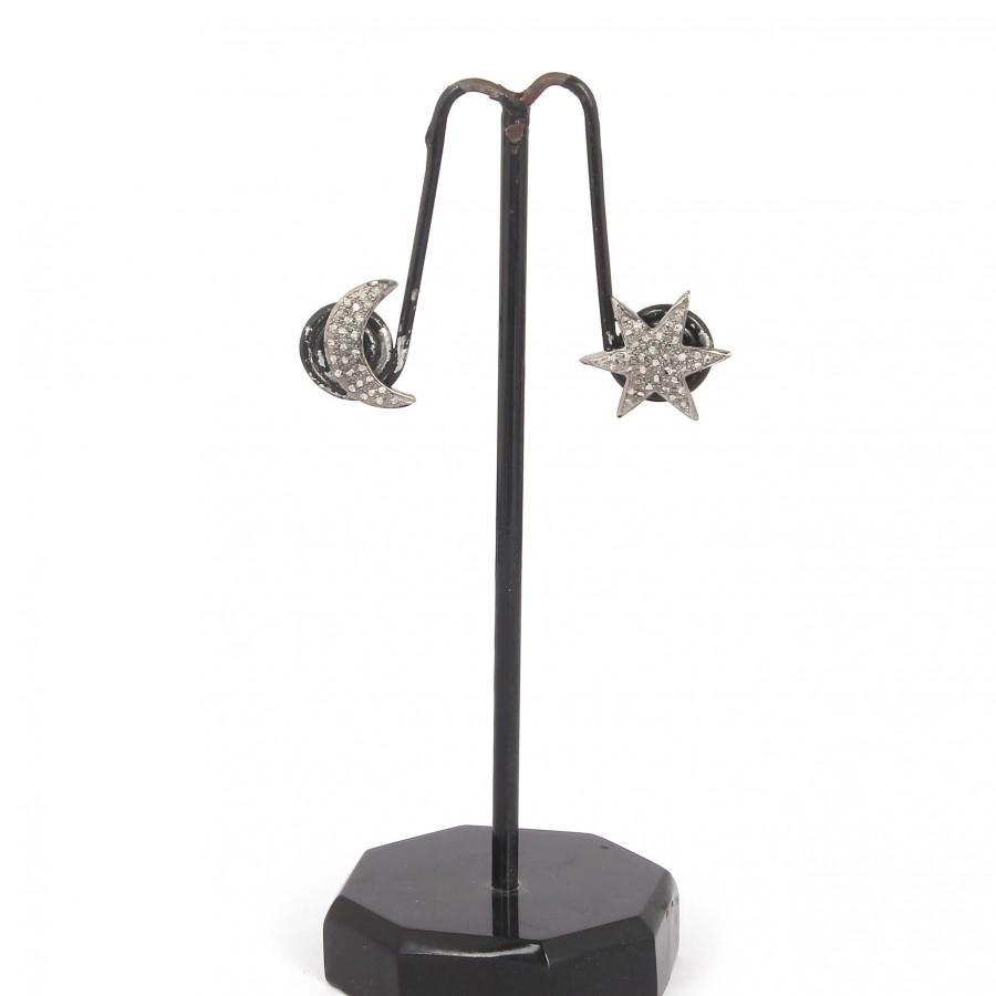 زفاف - 1 Pair Pave Diamond Moon & Star Stud Earrings With Back Stoppers - 925 Sterling Silver - 15MMX5MM ED162