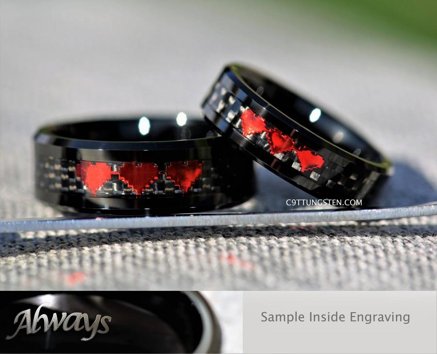 زفاف - 6MM And 8MM Ruby Red Chrome 8 Bit Hearts Tungsten Wedding Set, Free Inside Engraving