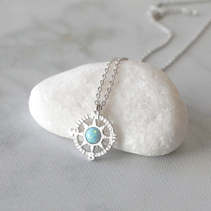 زفاف - Silver Compass with Blue Opal Stone Charm Necklace, Compass Necklace, Minimalist Necklace,Layered Necklace-5086