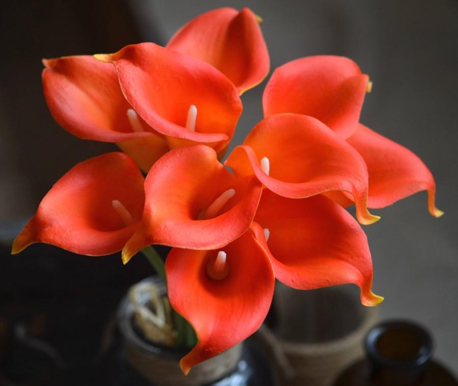 Hochzeit - 10 Dark Orange Calla Lilies Real Touch Flowers DIY Silk Wedding Bouquets Autumn Wedding Bouquets