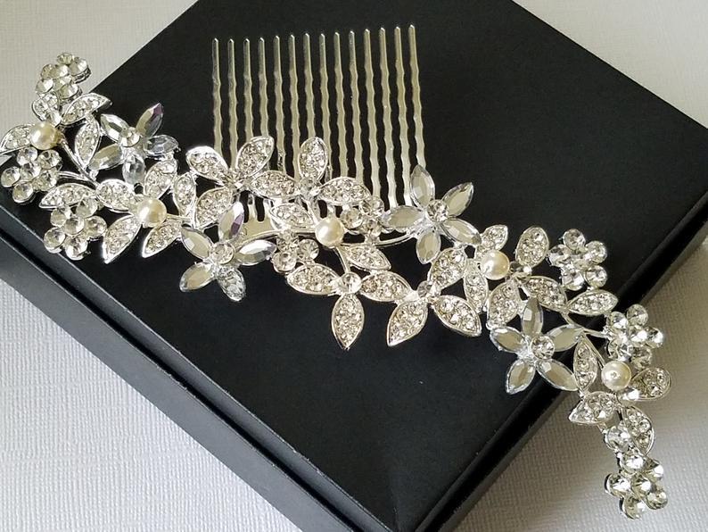زفاف - Bridal Crystal Hair Comb, Silver Floral Large Headpiece, Bridal Crystal Pearl Hair Piece, Wedding Hair Jewelry, Bridal Rhinestone Headpiece