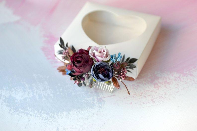 زفاف - Blush pink burgundy flower comb Floral headpiece Wedding blue navy burgundy hairpiece Bridal comb flowers hair comb Bride