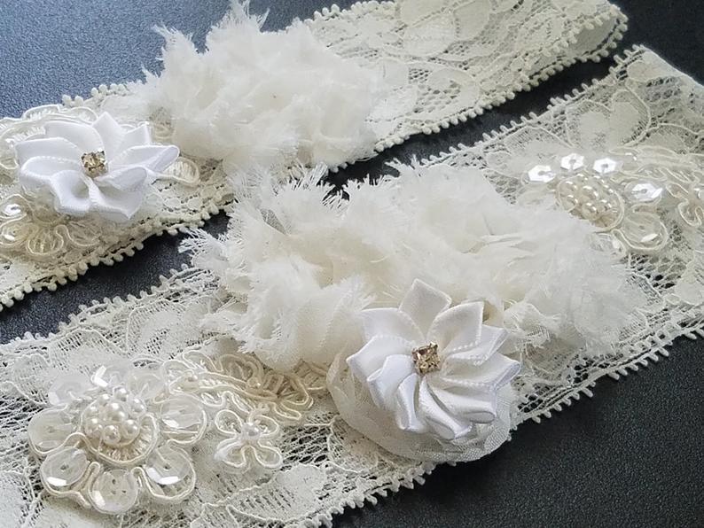 Hochzeit - Wedding Garter Set, Bridal Lace Garter Set, Off White Garter Set, Shabby Flower Garter Set, Rustic Garter Sets, Keepsake Garter Set