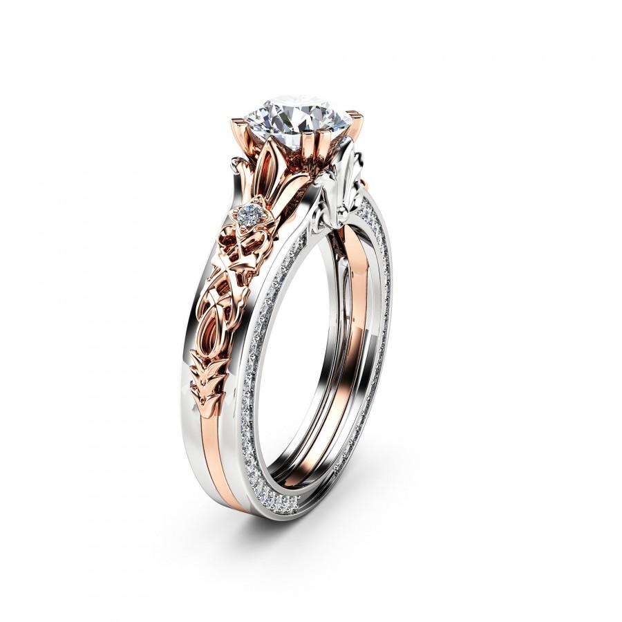Wedding - Antique Engagement Ring 14K Two Tone Gold 1 Carat Moissanite Ring Antique Moissanite Engagement Ring