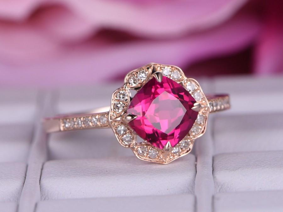 زفاف - 7x7mm Lab-treated Ruby ring with diamond in 14k rose gold/Halo Stacking ring/Curved unique wedding ring/Vintage style Red birthstone gift