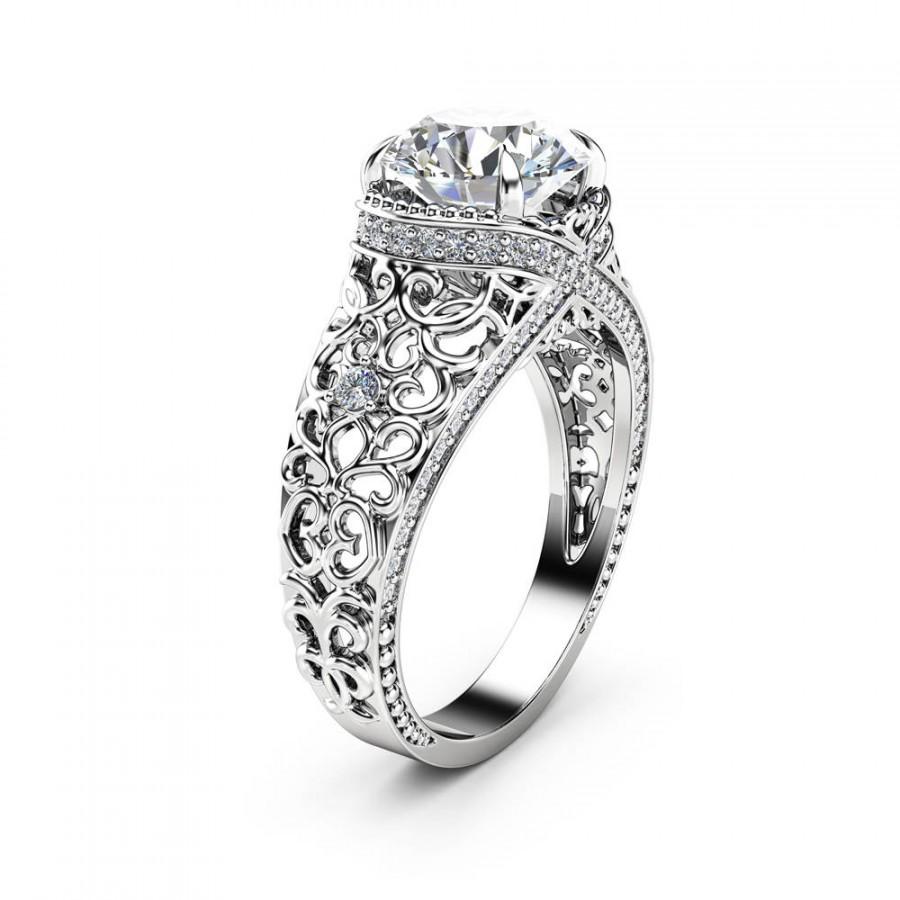 Hochzeit - White Gold Filigree  Engagement Ring 14K White Gold Ring Unique Diamonds Engagement Ring