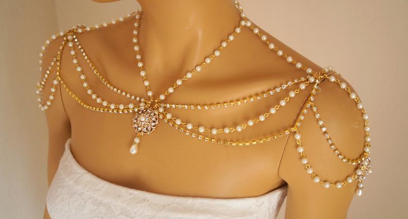 زفاف - Gold shoulder necklace,Art deco jewelry,Wedding necklace,Swarovski shoulder jewelry,Bridal shoulder necklace,Pearl shoulder necklace