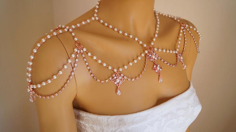 Hochzeit - Rose gold shoulder necklace,Art deco shoulder jewelry,Wedding necklace,Swarovski crystal,Bridal shoulder jewelry,Bridal shoulder necklace