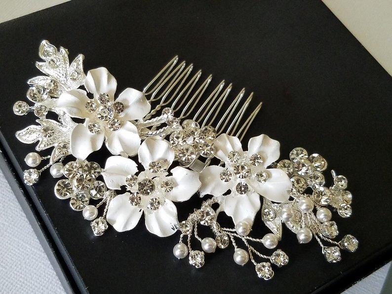 Wedding - Bridal Crystal Hair Comb, Wedding Hair Comb, Floral Bridal Hair Piece, Wedding Headpiece, Silver Crystal Hair Comb, Bridal Hair Jewelry