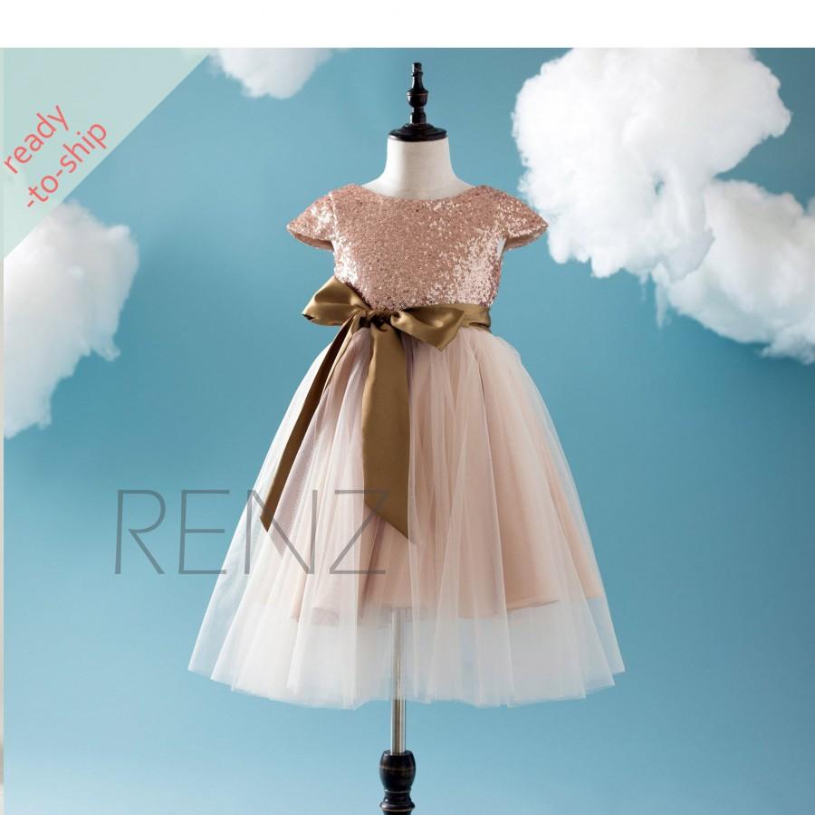 Свадьба - Flower Girl Dress Beige Junior Bridesmaid Dress Gold Bow Tie Rose Gold Sequin Baby Dress Cap Sleeves Tutu Toddler Dress In Stock Dress-HK203