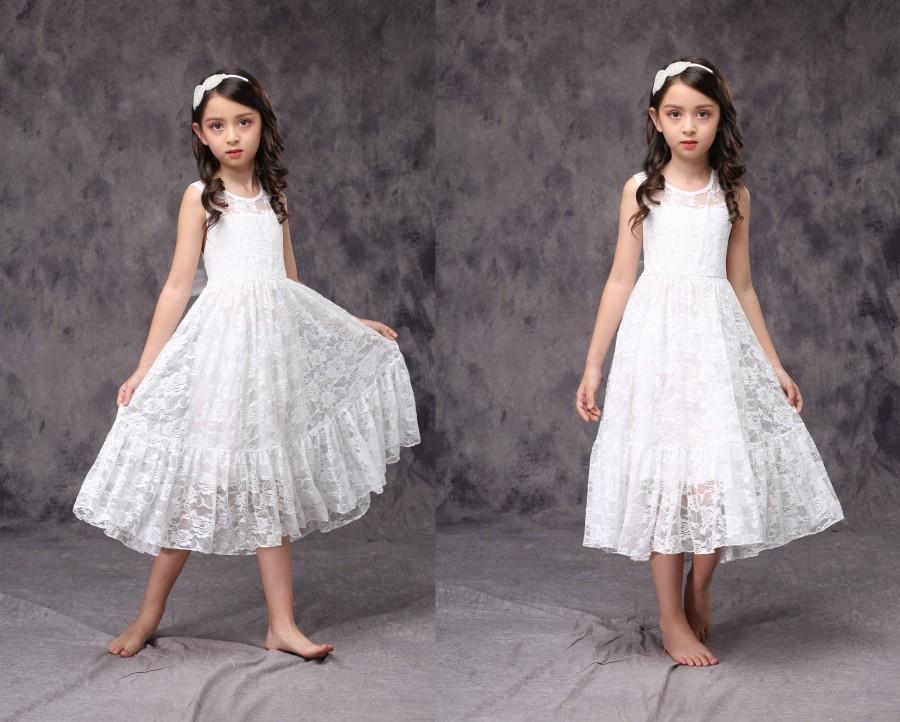 Wedding - Flower Girl Lace Dress White Ivory, Girl Lace Dress. Communion Dress Bow Sash Children  D11