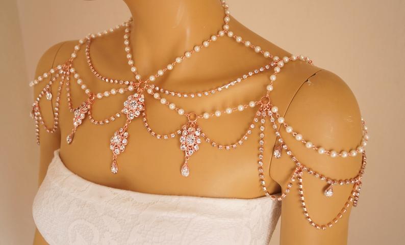 Hochzeit - Shoulder necklace,Rose gold shoulder jewelry,Wedding jewelry,Swarovski crystal necklace,Pearl shoulder necklace,Bridal shoulder jewelry,