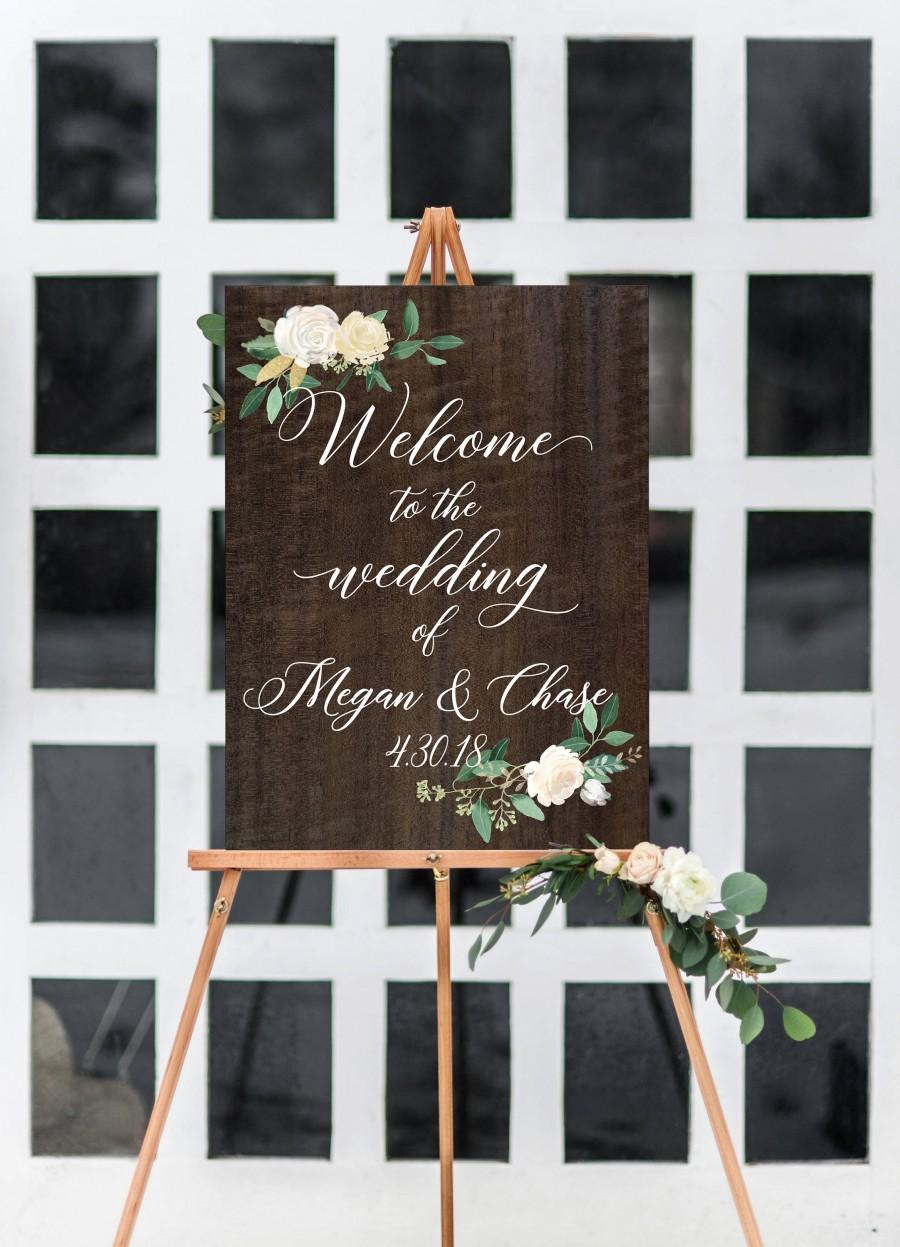 Hochzeit - Wedding Welcome Sign Personalized Names Floral Design on Wooden Style Calligraphy Wedding Style Artwork Sign Large in Size (Item - WWF340)