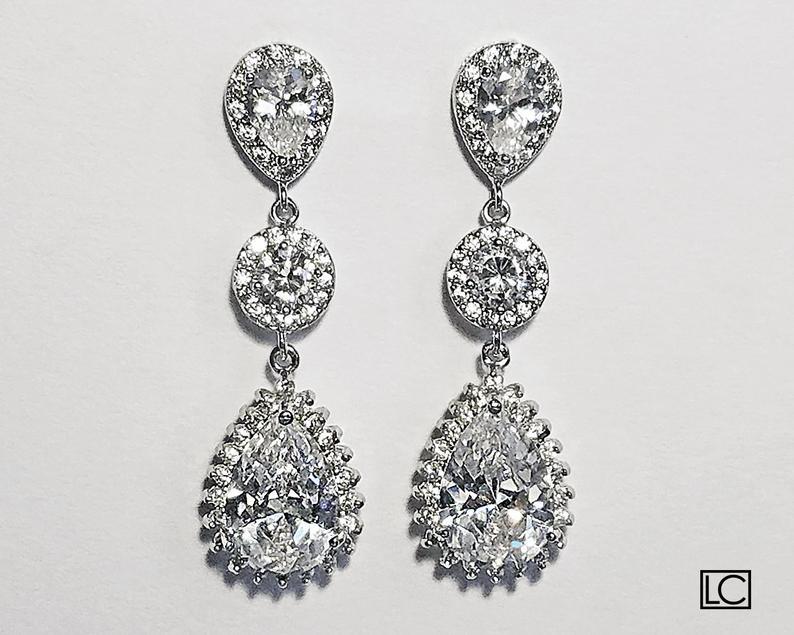 Свадьба - Crystal Bridal Earrings, Cubic Zirconia Chandelier Wedding Earrings, Teardrop Earrings, Bridal Jewelry, Sparkly Halo Earrings, Prom Earrings