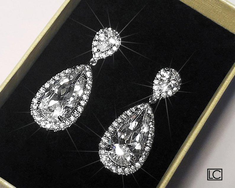 Hochzeit - Cubic Zirconia Bridal Earrings, Teardrop Crystal Wedding Earrings, CZ Chandelier Earrings, Bridal Crystal Earrings, Prom Crystal Earrings