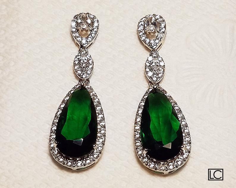 Wedding - Emerald Crystal Bridal Earrings, Green Chandelier Earrings, Emerald Bridal CZ Earrings, Green Teardrop Wedding Earrings