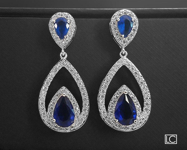 Hochzeit - Bridal Crystal Earrings, Navy Blue Cubic Zirconia Earrings, Blue Teardrop Wedding Earrings, Statement Earrings Sapphire Blue Dangle Earrings