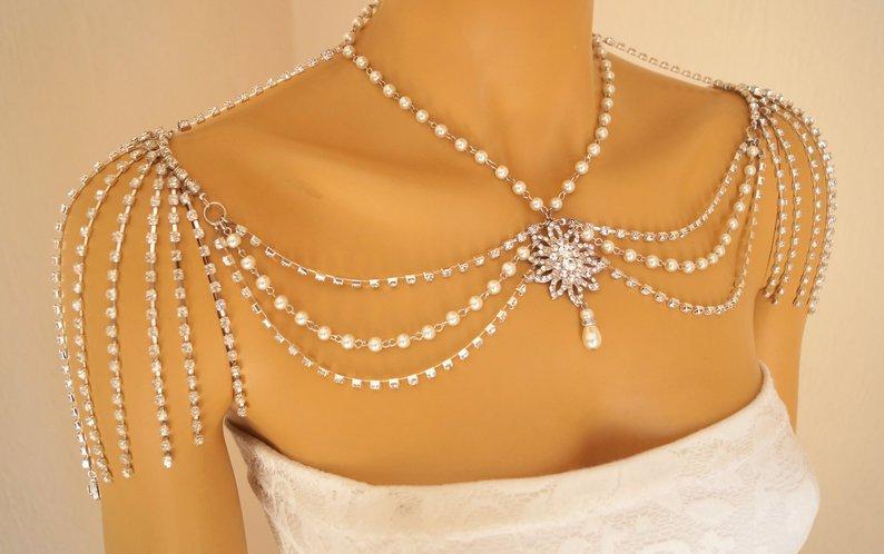 Hochzeit - Shoulder necklace,Silver shoulder jewelry,Pearl shoulder necklace,Wedding shoulder jewelry,Bridal shoulder necklace