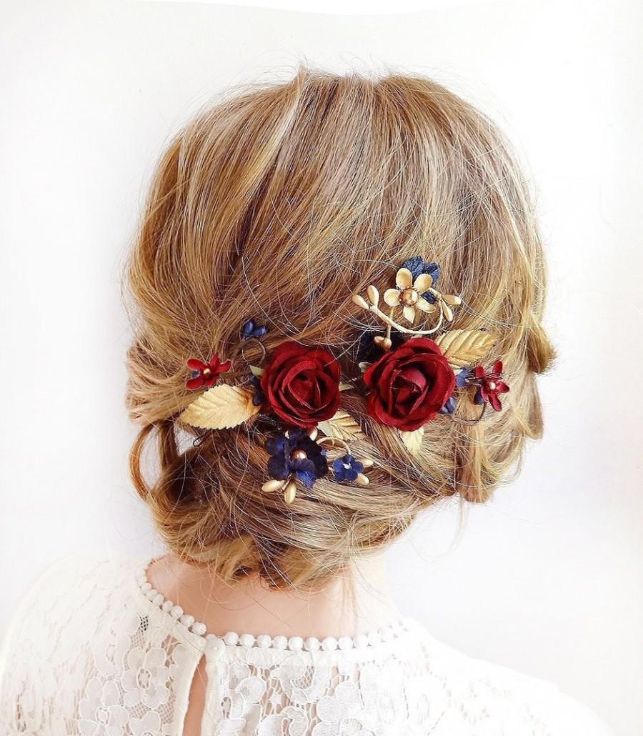 Hochzeit - burgundy and navy hair piece, navy wedding hair accessories, burgundy and gold wedding hair clips, navy hair accessories, burgundy hair pins