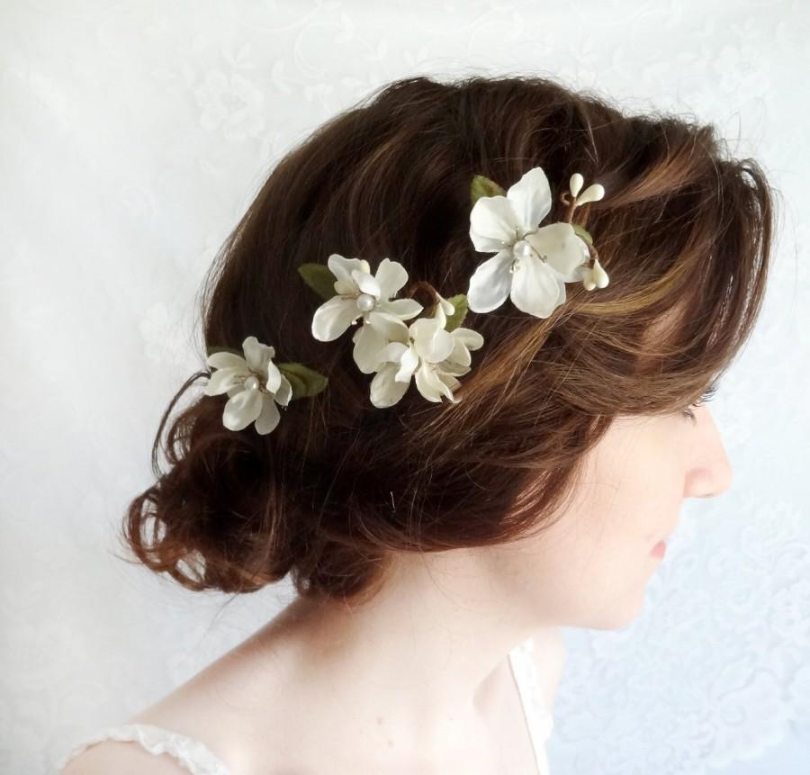 زفاف - bridal hair flower pearl, bridal hair pins pearl, white flower hair pins, hair clip wedding, ivory flower hair piece, rustic wedding hair
