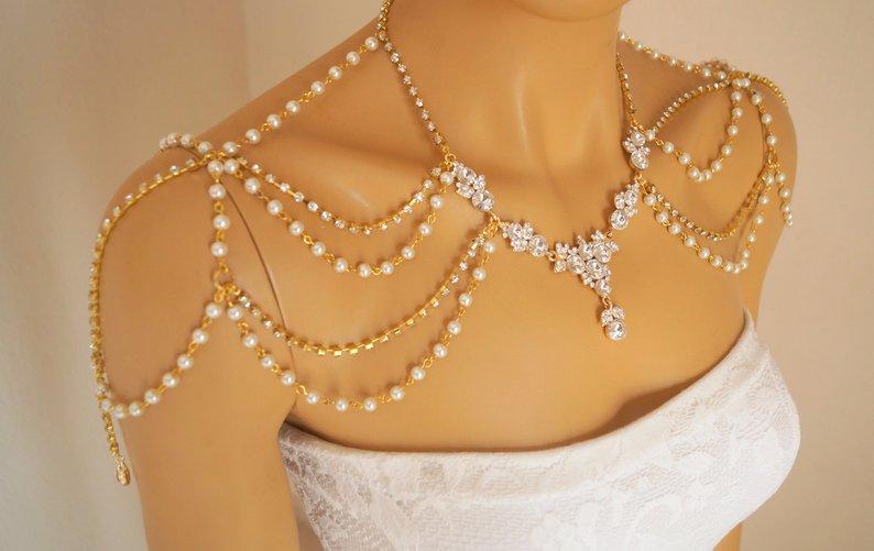 Wedding - Gold shoulder necklace,Bridal jewelry,Wedding necklace,Shoulder jewelry,Bridal body jewelry,Pearl shoulder necklace,Wedding jewelry