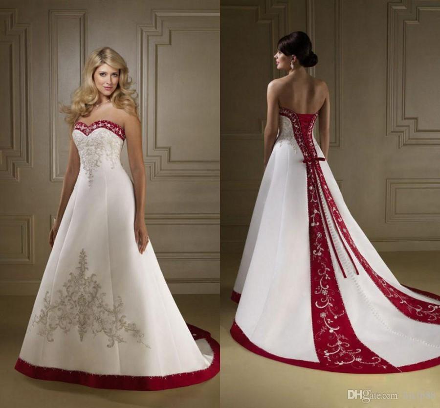 Hochzeit - Discount Red And White Satin Embroidery Wedding Dresses 2019 Retro Strapless A Line Lace Up Court Train Country Bridal Gowns Vestidos Plus Size Bride Dresses Dress For Wedding From Hjklp88, $115.33