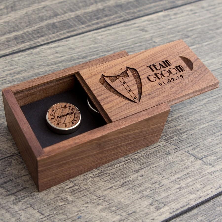 Wedding - Cufflinks with Engraved Gift Box SET in Walnut Wood Tall - Custom Wedding Gift for Groomsmen Proposal - 5th Wood Anniversary Gift