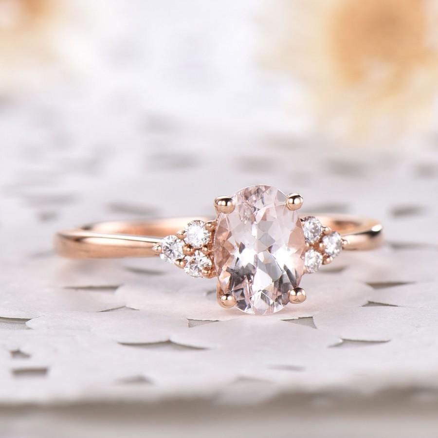 Wedding - Natural Oval Pink Morganite Engagement Ring Rose Gold Cluster CZ Diamond 14k Sterling Silver Vintage Bridal Jewelry Women Anniversary Gift
