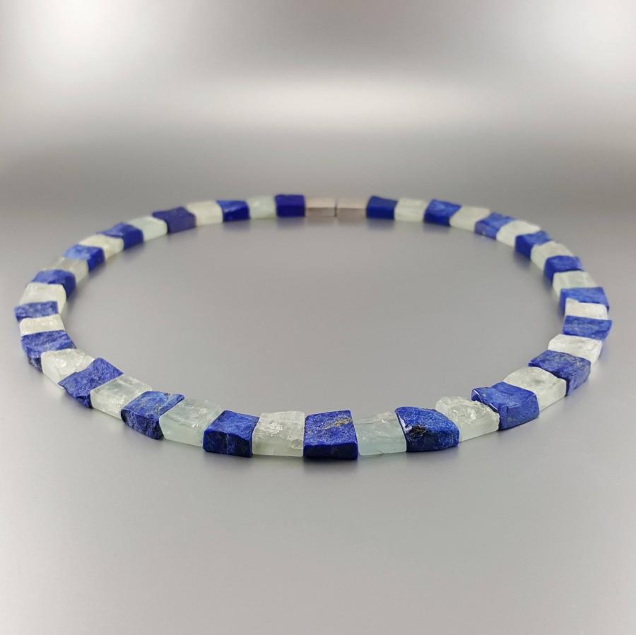Hochzeit - Lapis lazuli Collier/necklace with Aquamarine - natural raw gemstone jewelry - dark and light blue - Statement necklace - gift Christmas
