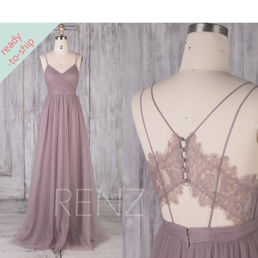 Hochzeit - Dark Mauve/Dusty Blue/Wine Tulle Bridesmaid Dress Spaghetti Strap Party Dress V Neck Illusion Lace Back A-line In Stock Prom Dress -LS483